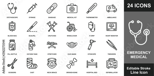 Emergency medical icons set features black line art hospital tools for first aid healthcare services.