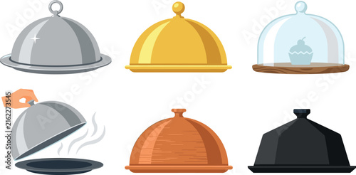 Restaurant cloche food dome vector icon set with silver gold glass wood and black covers for luxury dining room service fine restaurant menu design