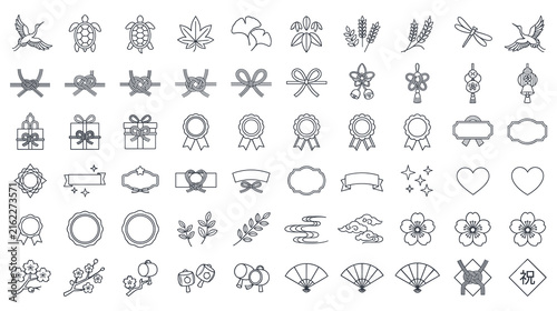 Traditional japanese line icons for lunar new year art.