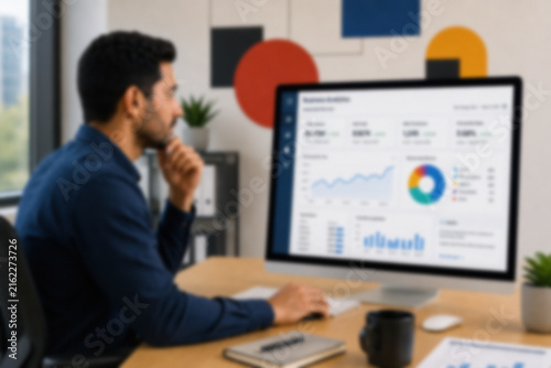Blurred Employee Reviewing An Automated Business Analytics Dashboard In A Modern Corporate Office