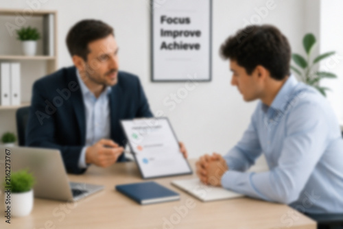 Blurred Employee Receiving Constructive Workplace Performance Feedback From A Professional Manager