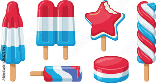 Patriotic red white and blue popsicle vector icon set with rocket ice lolly star swirl and ice cream bar for fourth of july summer celebration design
