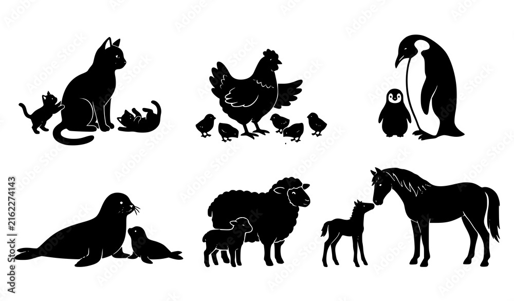 Fototapeta premium Cute black animal silhouettes of parents and babies with kittens chicks penguin seal lamb and foal