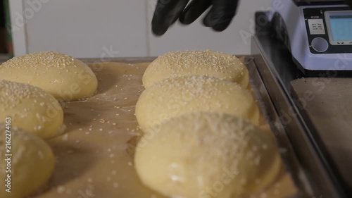 A detailed view of the chef adding sesame seeds to the round burger buns prior to baking. The procedure for preparing burger buns in the restaurant kitchen.