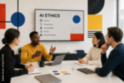 Blurred Employees Discussing AI Ethics In A Modern Conference Room During A Corporate Meeting