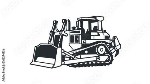 Black and White Illustration of a Heavy Construction Bulldozer