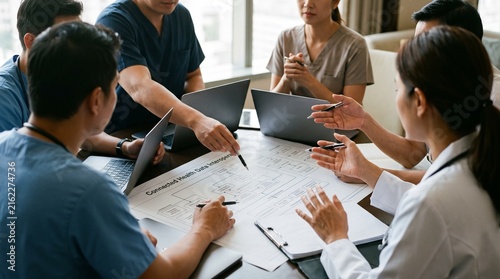 Diverse Group of Asian Healthcare Leaders Collaborating Over Connected Health Data Blueprint at Medical Conference in Bangkok Luxury Hotel