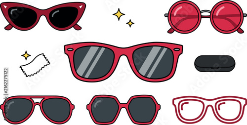 Red sunglasses vector illustration set featuring retro cat eye round aviator fashion glasses cleaning cloth and case isolated on white background (21 words)