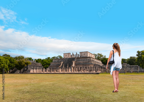 Famous El Castillo pyramid with shadow of serpent at Maya archaeological site of Chichen Itza in Yucatan, Mexico