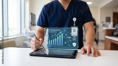 Asian Doctor Using Tablet with Holographic Connected Health Data Interoperability Growth Chart and AI EMR Network Overlay in Modern Thai Hospital