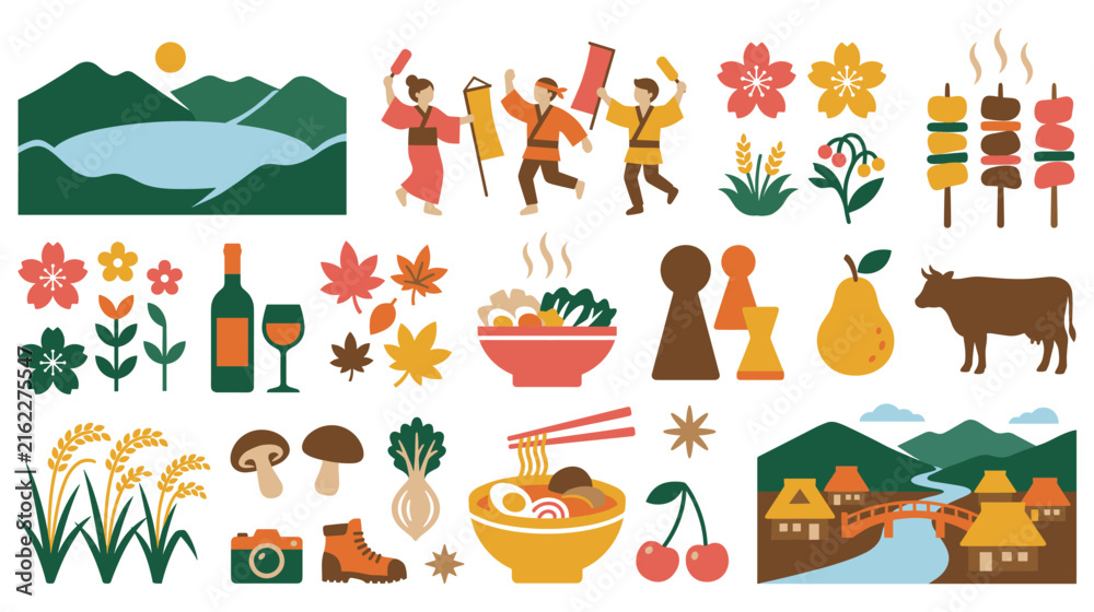 Fototapeta premium Japanese traditional culture icons flat design set pack.