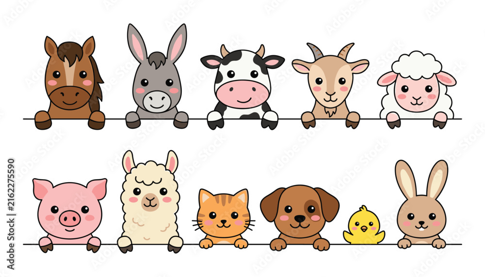 Fototapeta premium Cute Farm Animals Vector Character Set Peeking Over Border Line Featuring Horse, Donkey, Cow, Goat, Sheep, Pig, Alpaca, Cat, Dog, Chick, and Rabbit
