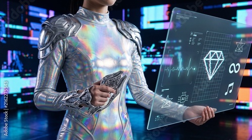 K-pop inspired Y3K fashion model in holographic prism bodysuit on virtual LED stage