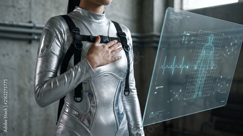 Faceless woman in Y3K posthuman chrome bodysuit with biometric scan gesture in survival lab