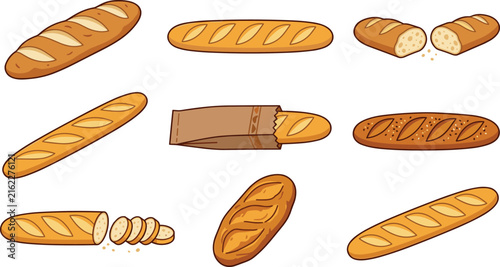 Fresh French baguette icon set featuring sliced bread loaves, crispy bakery products, and paper bag packaging flat vector illustrations.