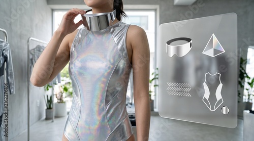 Young East Asian woman in Y3K metallic holographic bodysuit adjusting futuristic visor in boutique