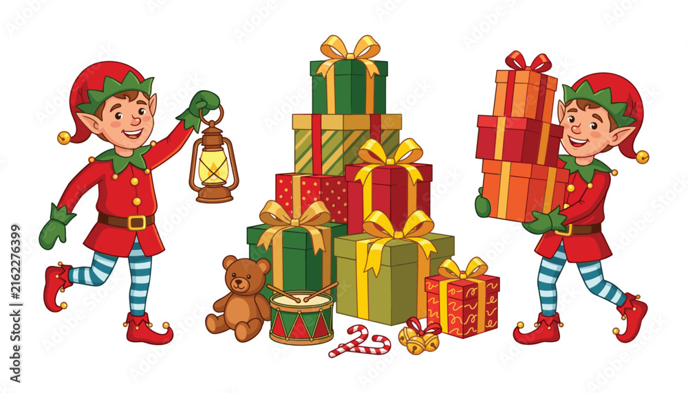 Naklejka premium Cute Christmas elves cartoon characters vector illustration with a massive pile of colorful holiday gifts and festive toys
