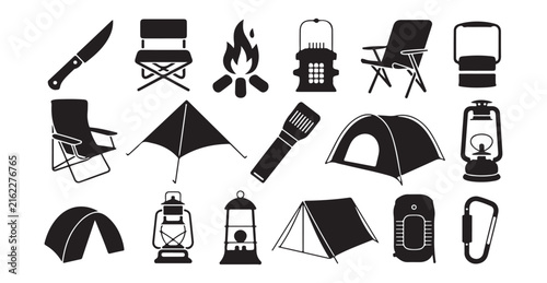 Black camping equipment silhouettes for outdoor adventure, hiking, travel, and wilderness concepts