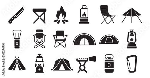 Outdoor camping and hiking gear silhouette set with tents, lanterns, cookware, chairs, and backpacks