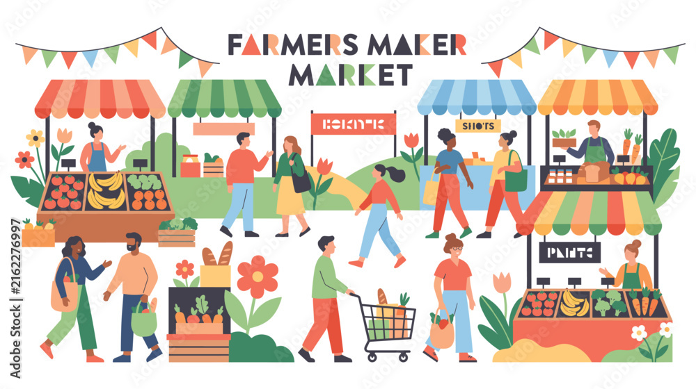 Fototapeta premium Farmers market scene with people shopping for fresh produce.