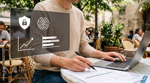 Open-Air Summer Café AI Developer Analyzing Airline Financial Data with Large Visual Overlay