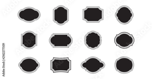 Black ornamental frame set featuring oval, circular, square, and floral inspired shapes