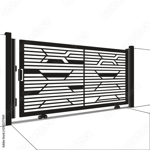 Modern sliding metal driveway gate with horizontal slats and geometric pattern