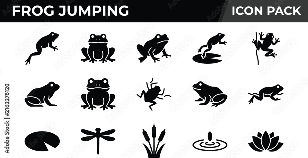 Fototapeta premium Set of black frog jumping icons featuring various amphibian poses and pond life