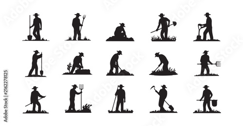 Gardening and landscaping silhouette set featuring workers performing different outdoor tasks