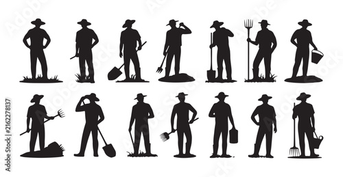 Collection of landscaping worker silhouettes with gardening tools isolated on white background