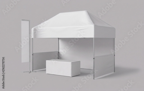 Blank White Promotional Canopy Tent with Counter and Flag Banner Mockup