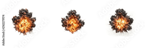 фотографія Set of powerful fiery explosions with bright fire, glowing sparks, and dark smok