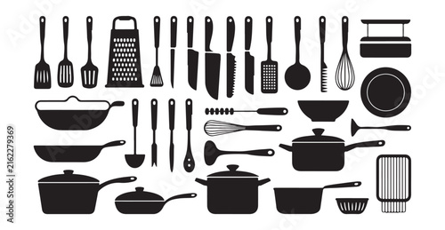 Black silhouette collection of essential kitchen utensils, cooking tools, pots, pans, and cookware