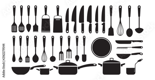 Complete kitchen tools collection with spatulas, whisks, knives, graters, pots, and pans