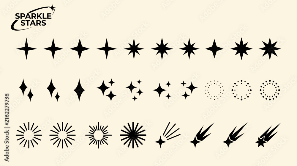 Fototapeta premium Extensive collection of decorative starburst and sparkle shapes in multiple vector styles for icons, logos, UI design, and graphic art