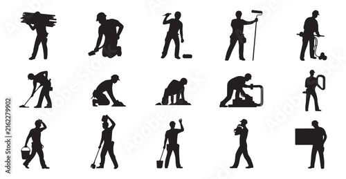 Collection of professional worker silhouettes representing different occupations and workplace activities