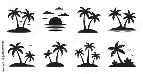 Tropical paradise landscape collection featuring palm trees, islands, beaches, and sunset scenes