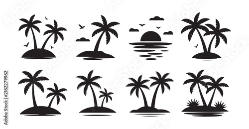 Black silhouette set of exotic palm trees and tropical island landscapes isolated on white