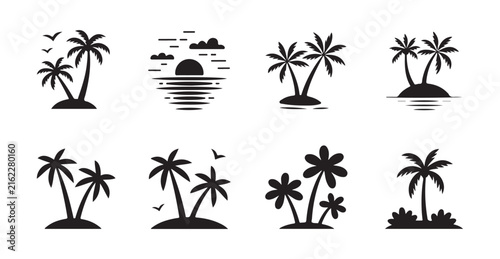 Set of black palm tree silhouettes and tropical island landscape illustrations