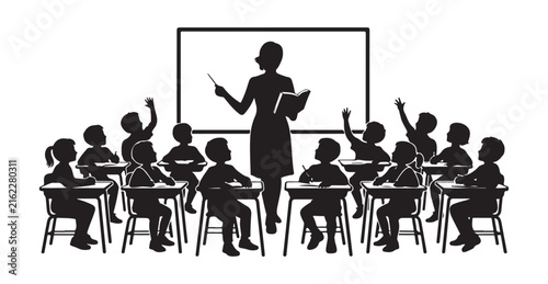 Black silhouette illustration of teacher and students during classroom instruction
