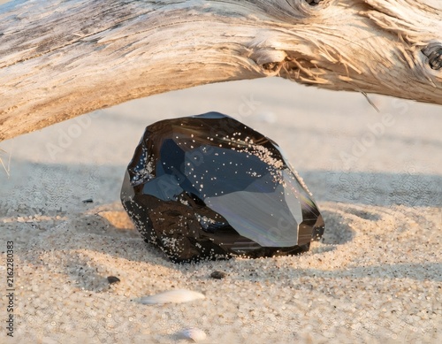 Obsidian Stone Beside Driftwood on Sandy Beach Evoking Natural Coastal Drift