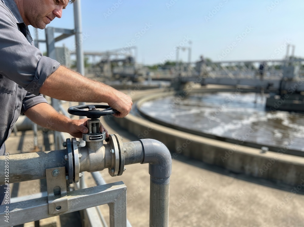 Fototapeta premium Engineer Operating Industrial Valve at Water Treatment Plant