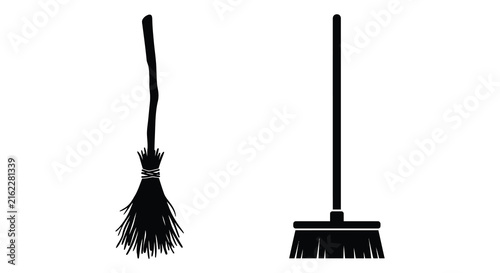Canvas Print Two cleaning implements a broom and a brush are shown as black silhouettes