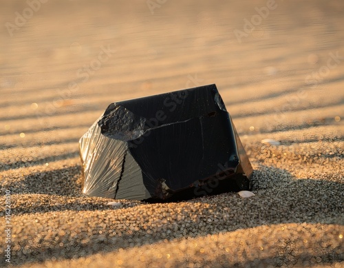 Cubic Obsidian Stone Half-buried in Desert Sand with Wind Ripple Patterns