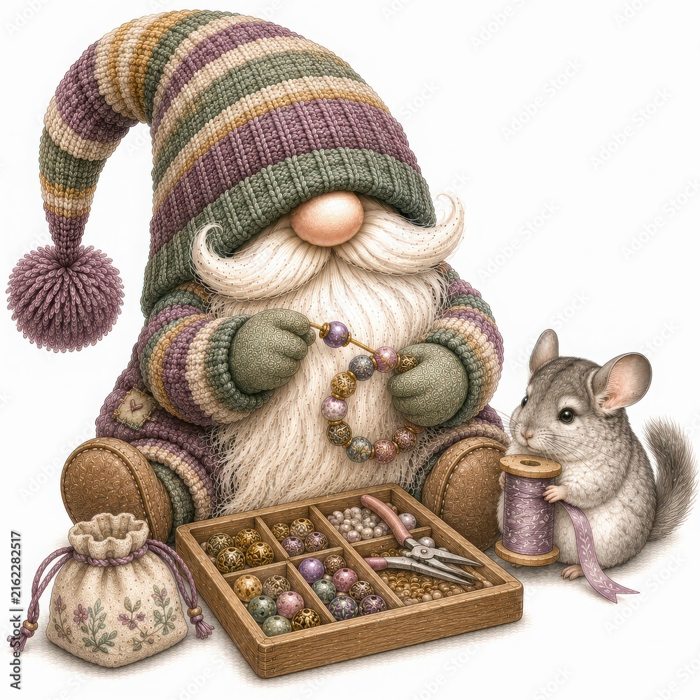 Fototapeta premium Whimsical Gnome Crafts Beads with Adorable Mouse Companion