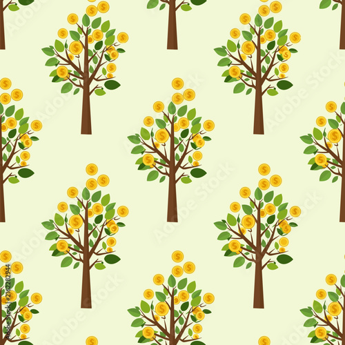 Seamless Pattern of Growing Money Trees on Yellow