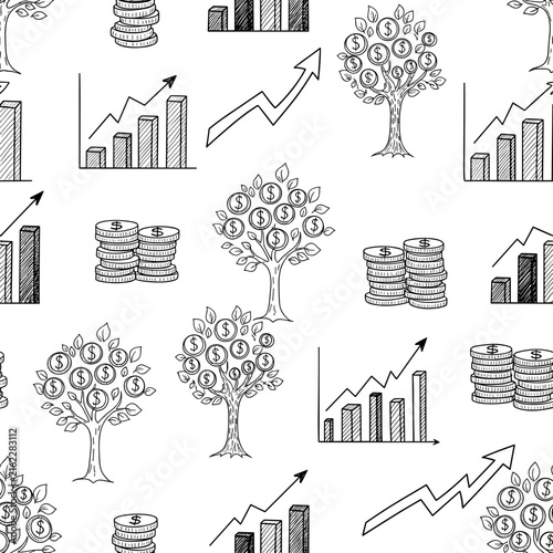 Grid Pattern of Financial Charts and Money Tree Sketches