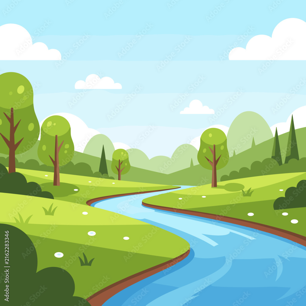 Fototapeta premium Winding River Through a Sunny Green Meadow and Hills