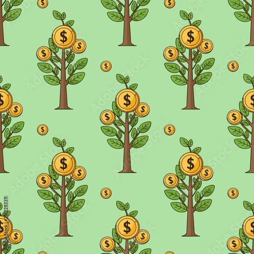 Seamless Pattern of Potted Money Trees on Green Background
