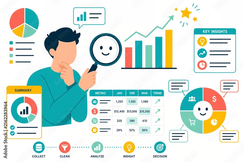 Fototapeta premium Man using magnifying glass to analyze data charts and financial metrics dashboard